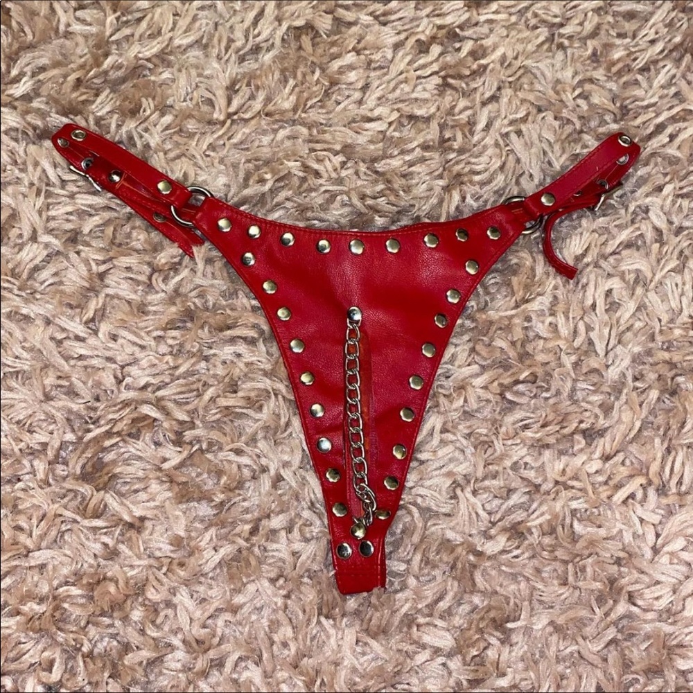 COPY - Red Leather Crotchless Thong with Chain and Stud Accents